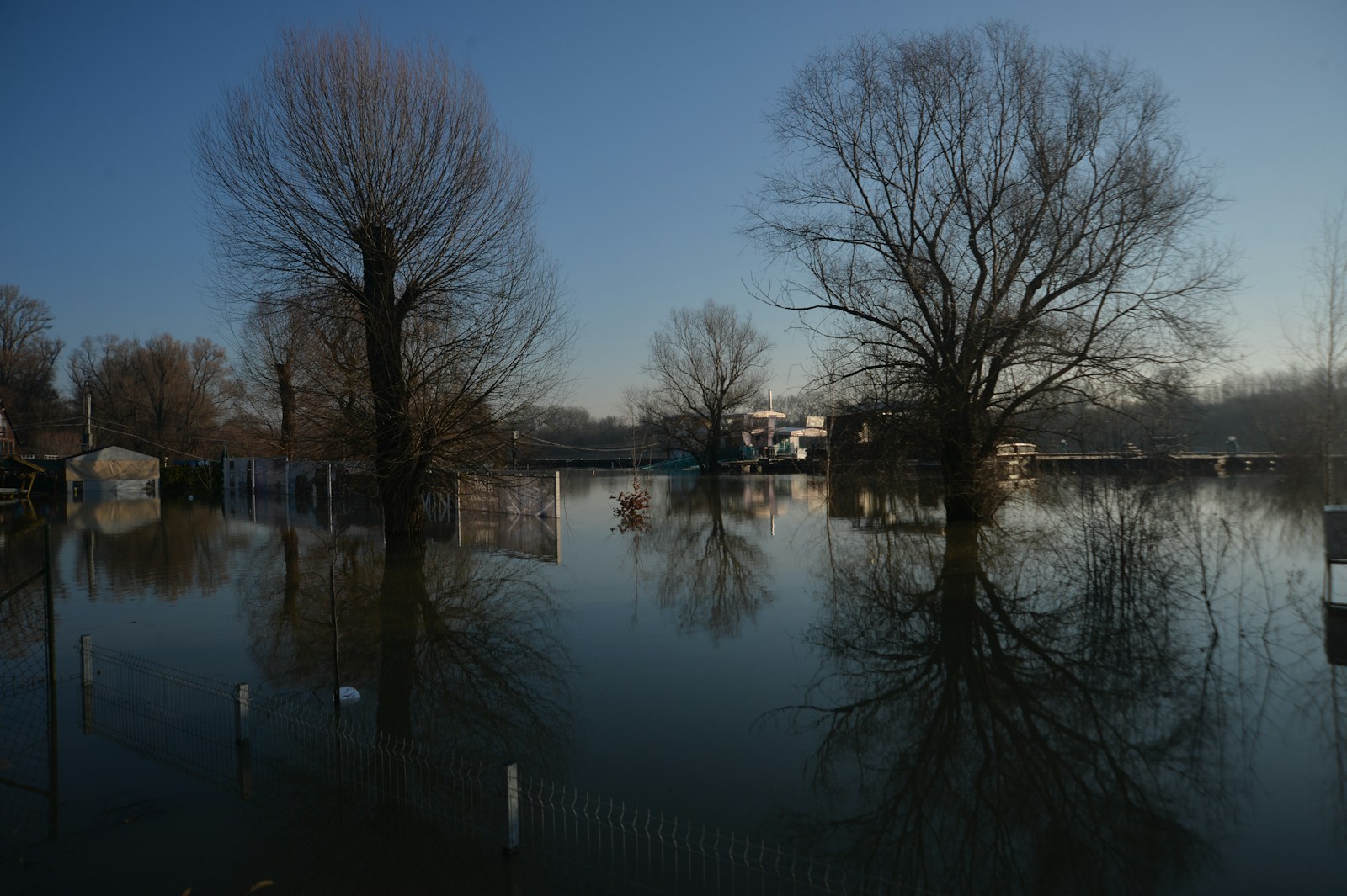 a flooded street with trees and houses in the background